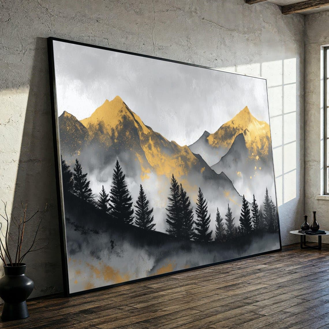 XINBAO Obraz na płótnie w stylu vintage z rustykalnym krajobrazem górskim, złote akcenty, sylwetka lasu sosnowego, naturalny krajobraz (40 x 60 cm/rama wewnętrzna)