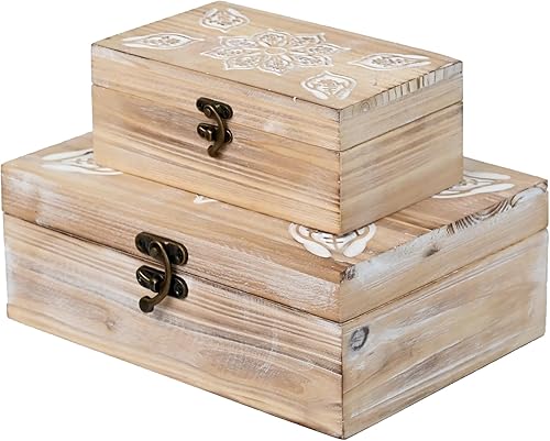 Miniatura 1 de Juego de 2 cajas de madera tallada con mandala, cajas de almacenamiento decorativas rústicas con pestillo de metal, cajas de recuerdo hechas a mano