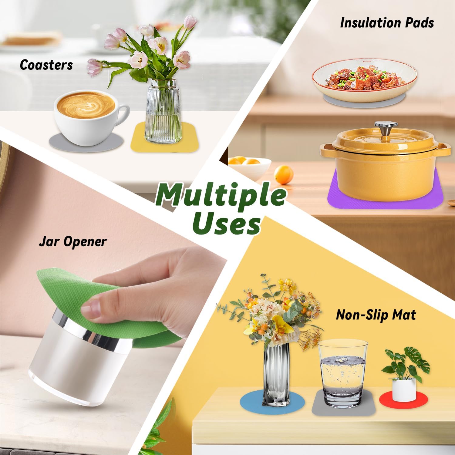12 Pack Jar Opener Gripper Pads Rubber Jar Grippers Multi-Purpose Square Round Heat Insulation Pad Coasters for Weak Hands Seniors with Arthritis - Multicolor