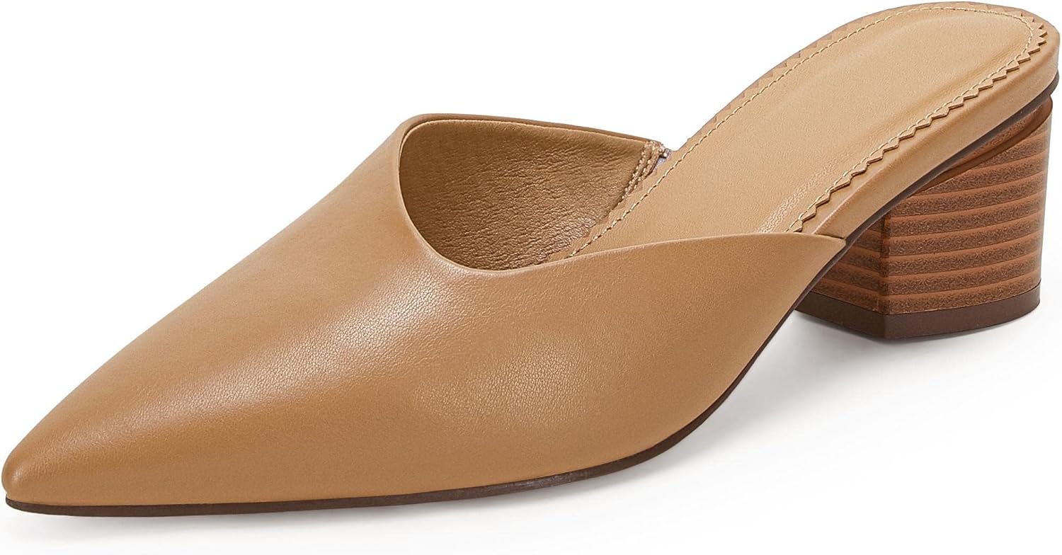 Coutgo Womens Pointed Toe V Cut Mules Chunky Block Heels Slip On Clogs Fashion Office Slides Shoes