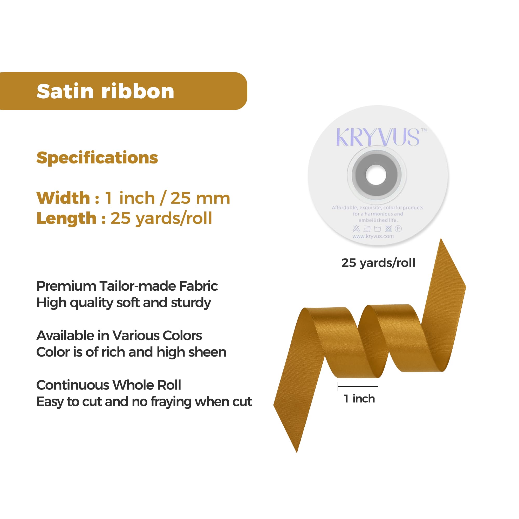 Kryvus Gold Satin Ribbon, 25mm x 22M Single Face Gold Ribbon, Solid Color Satin Ribbon Perfect for Gift Wrapping Crafts - Image 3