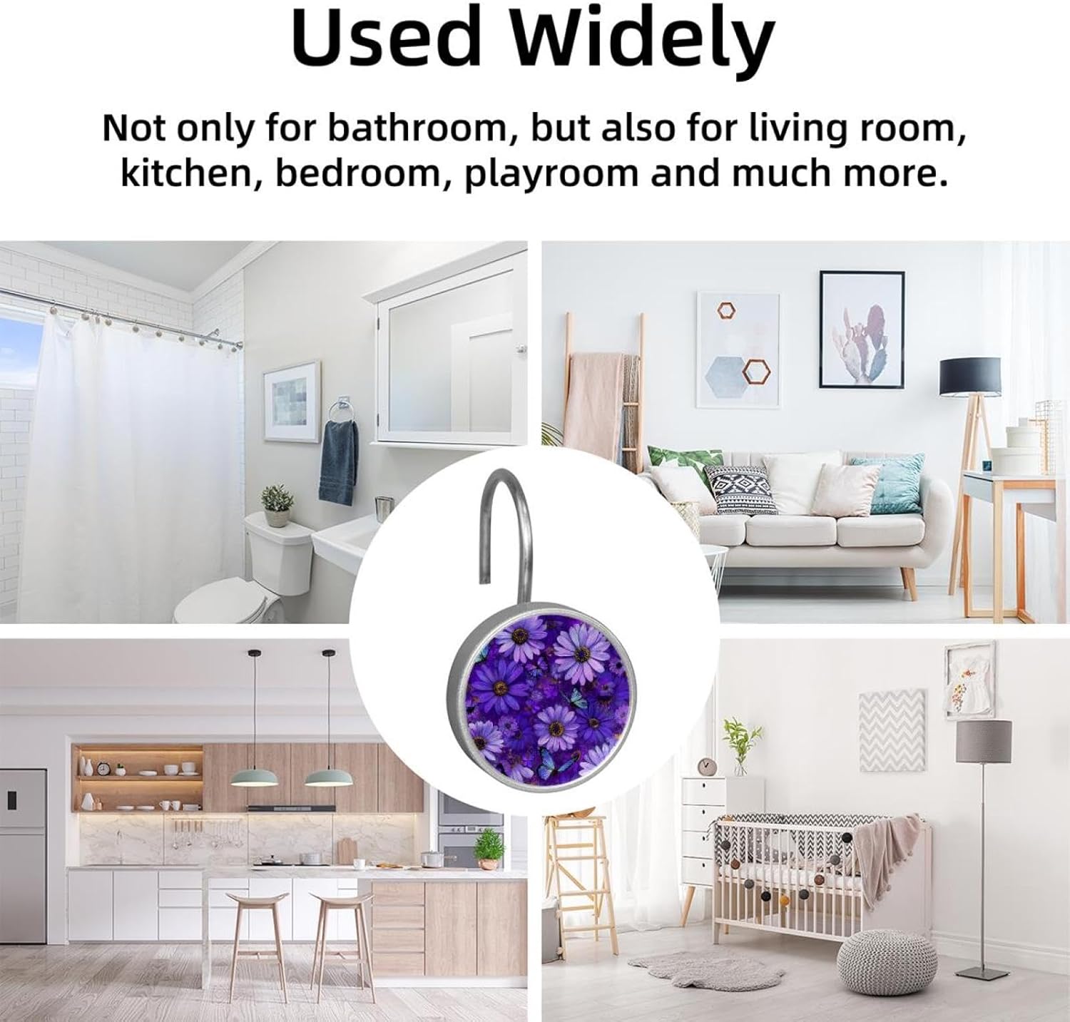 Set of 12 Shower Curtain Hooks, Shower Curtain Rings Crystal Glass Decorative Bathroom Hook, Daisy Butterflies Purple (2)