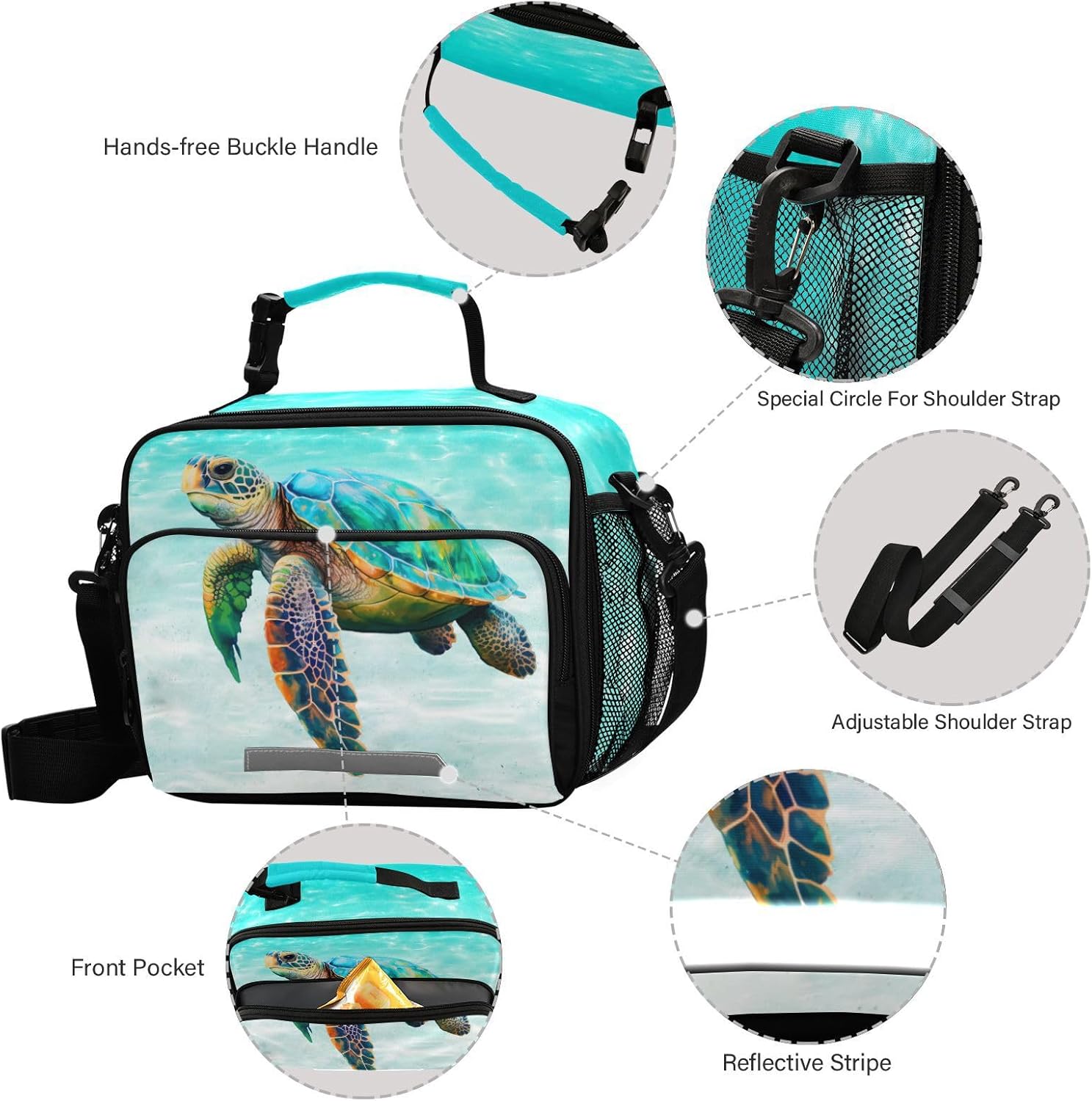 Sea Turtle Teal Lunch Box for Boys Girls Insulated Lunch Bag Kids Cooler Tote Shoulder Strap Reusable School Picnic Travel Office - Image 3