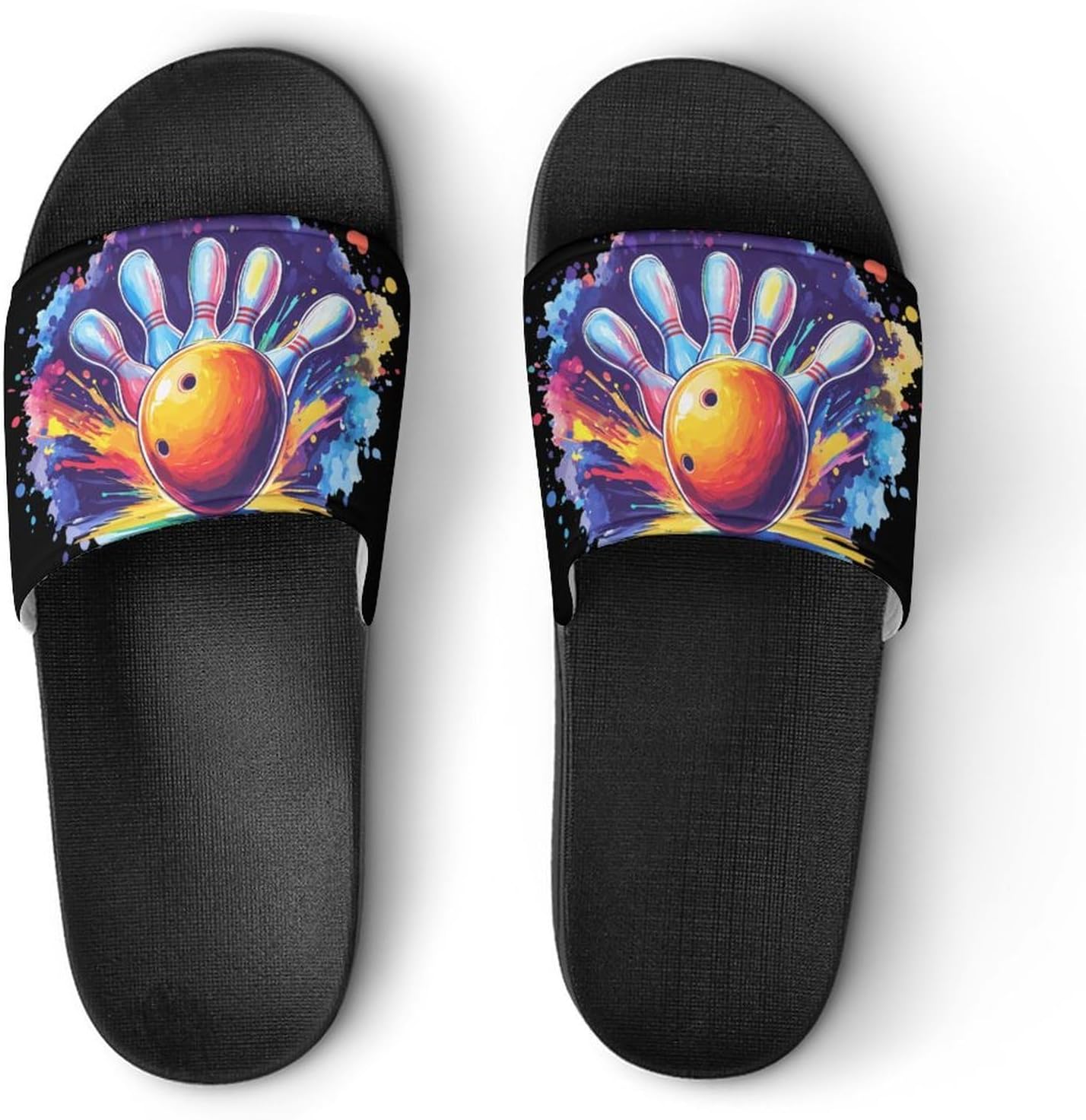 Art Bowling Ball Hitting Pins Men's Slippers Casual Non-Slip Slide Sandals Beach Bathroom Shower Shoes for Women