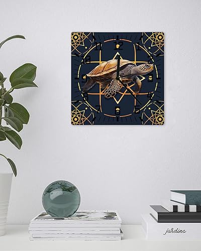 Miniatura 3 de Sea Turtle Wooden Wall Clock Silent Non Ticking, Yellow Geometric Line Coastal Navy Blue Square Wall Clock Battery Operated, Decor Clock for Home