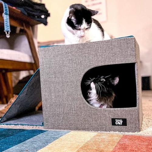 Travel Cat Cube Bed & Scratcher - Foldable Cat Condo Bed & Cuddle Hideaway Cave Cat Home For Sleeping, Warming, Indoor Play- Felt Pet House Furniture With Detachable Scratching Panel, 16.5X16.5X15 In #TOP1