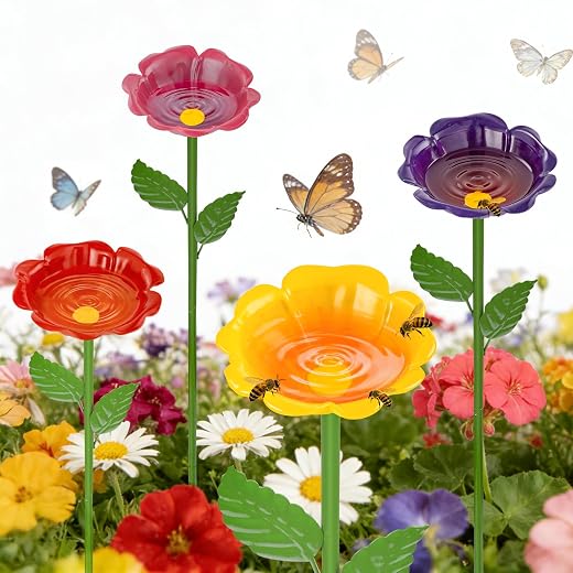 Mellbree Bee Watering Station, 4-Pack Metal Flower Bee Bath for Garden – Butterflies & Pollinators – Colorful Outdoor Gardening Stakes for Yard, Patio, Butterfly Garden, Gardening Essentials, 4