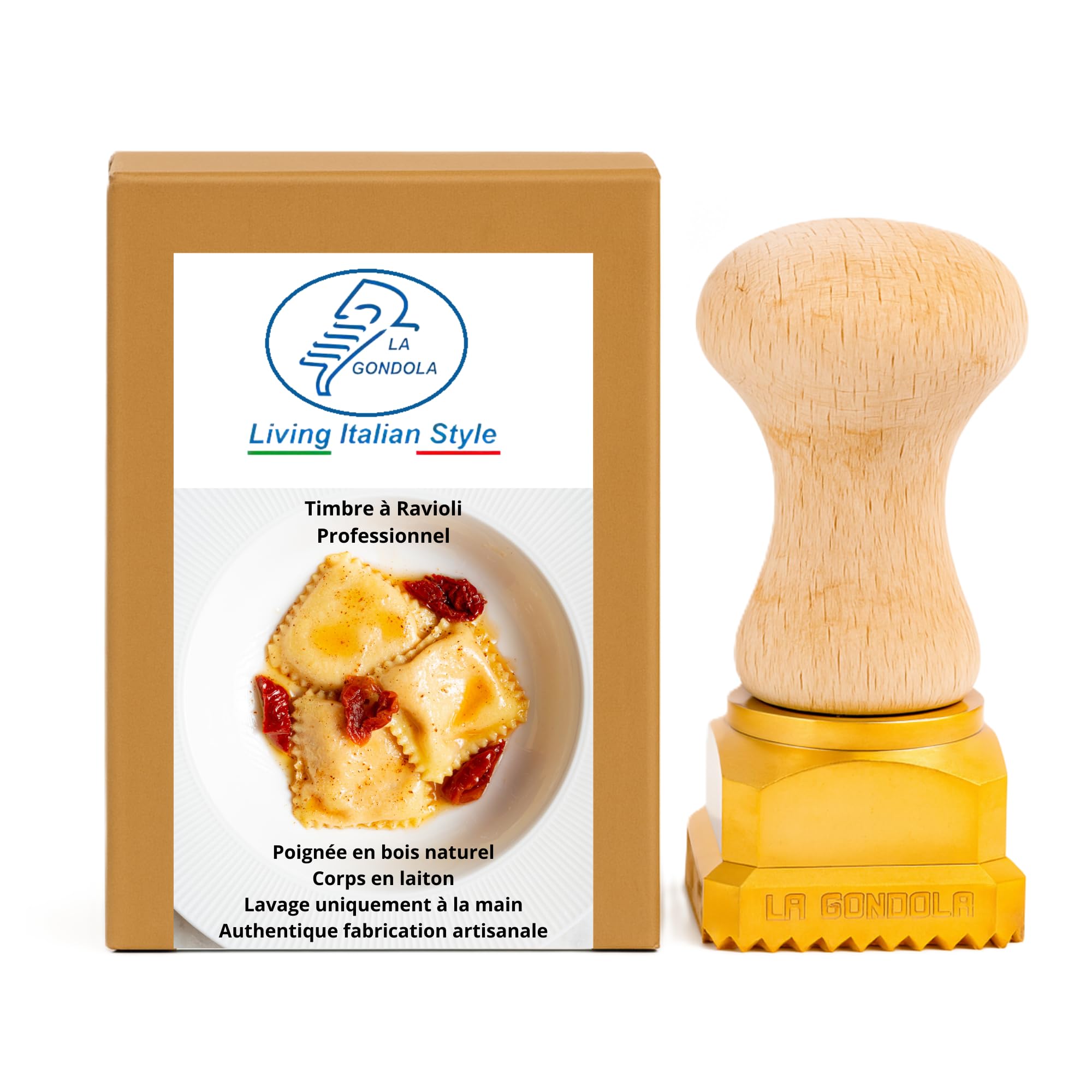 La Gondola Timbre à Ravioli - Carré Décoré 45x45mm | Outil de Préparation des Fait Maison Pâtes | Laiton & Bois Naturel | Robuste & Facile à Utiliser | Tampon à Raviolis Fabriqué en Italie