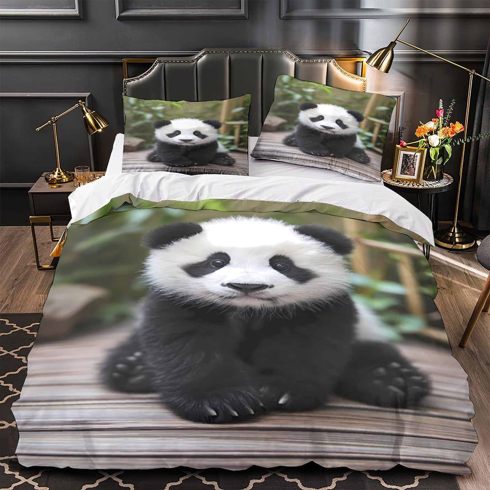 Housse de couette panda 135x200cm avec parure de lit single en microfibre