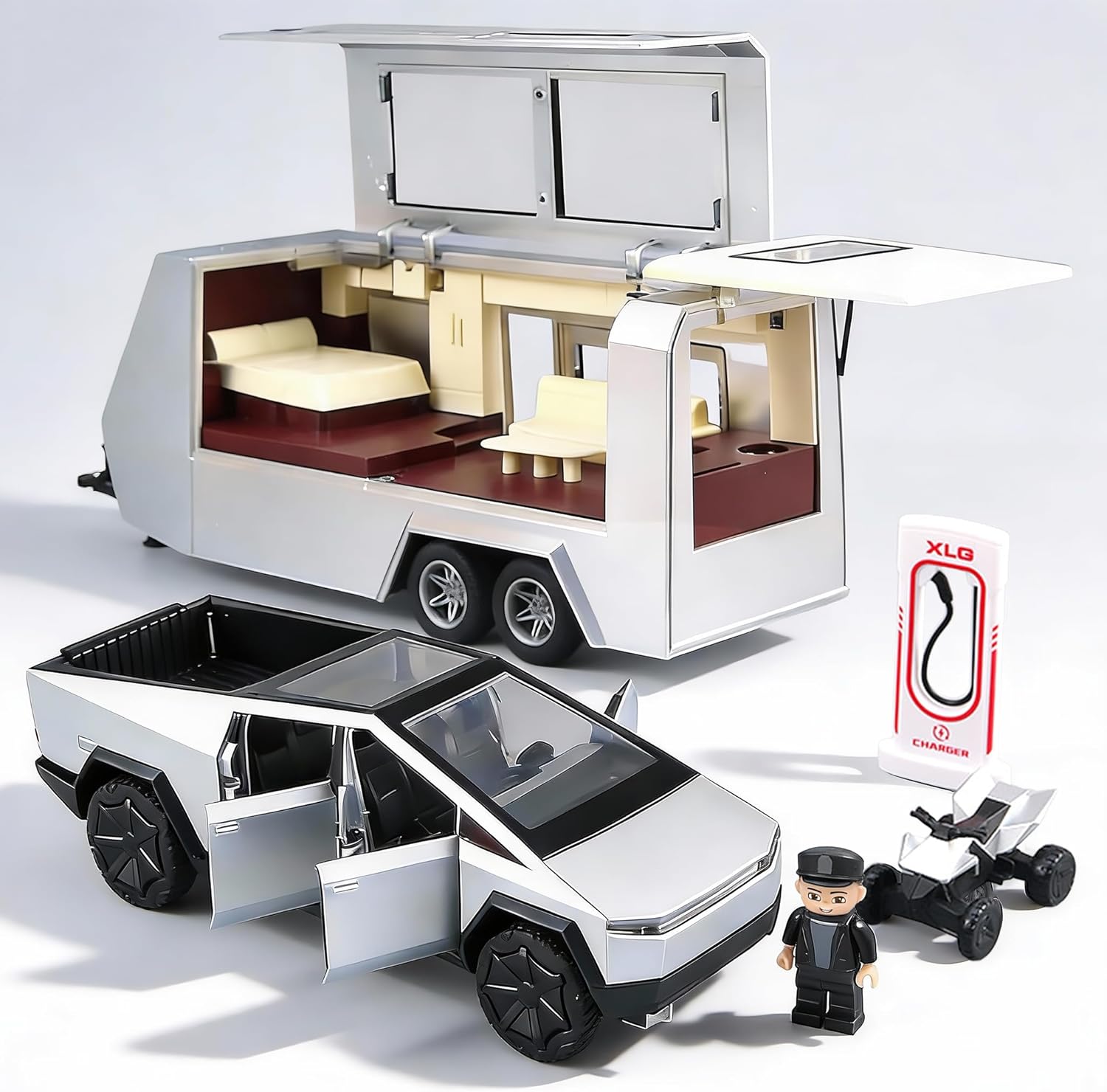1/32 Pickup Truck Toy car 3-in-1 Travel RV Set with Metal Pickup, Removable Camper & Off-Road Motorcycle Cool Sound & Light Effects,Christmas Birthday Gift (Silver) (Small)