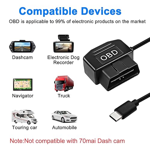Miniatura 6 de XMSJSIY Cable de alimentación OBD para cámara de tablero tipo C OBD2 adaptador de cable de alimentación Cable de carga de cable duro con conector de