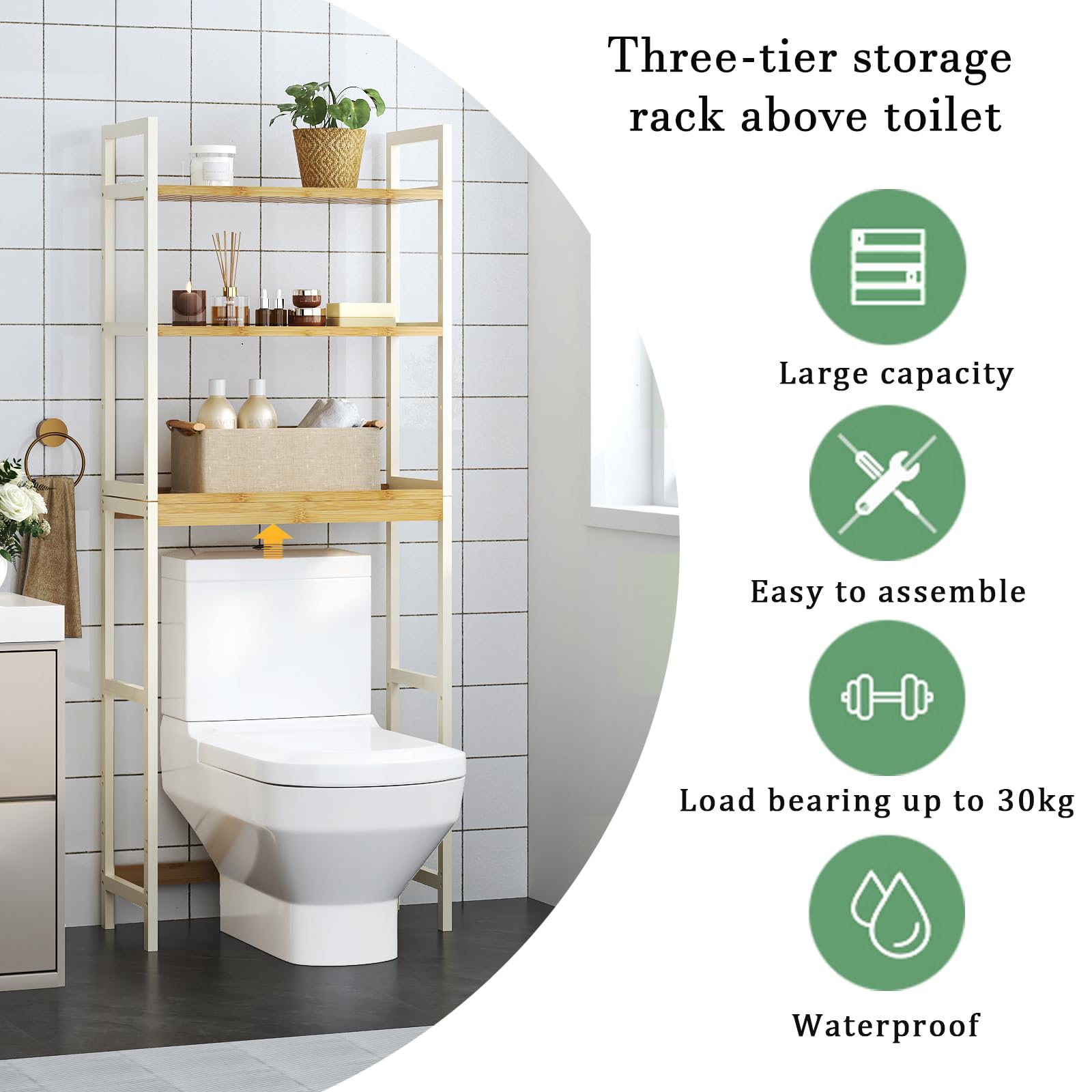 Scaffale per WC, in bambù, per lavatrici, con 3 ripiani, salvaspazio, grande capacità per lavanderia, bagno, WC