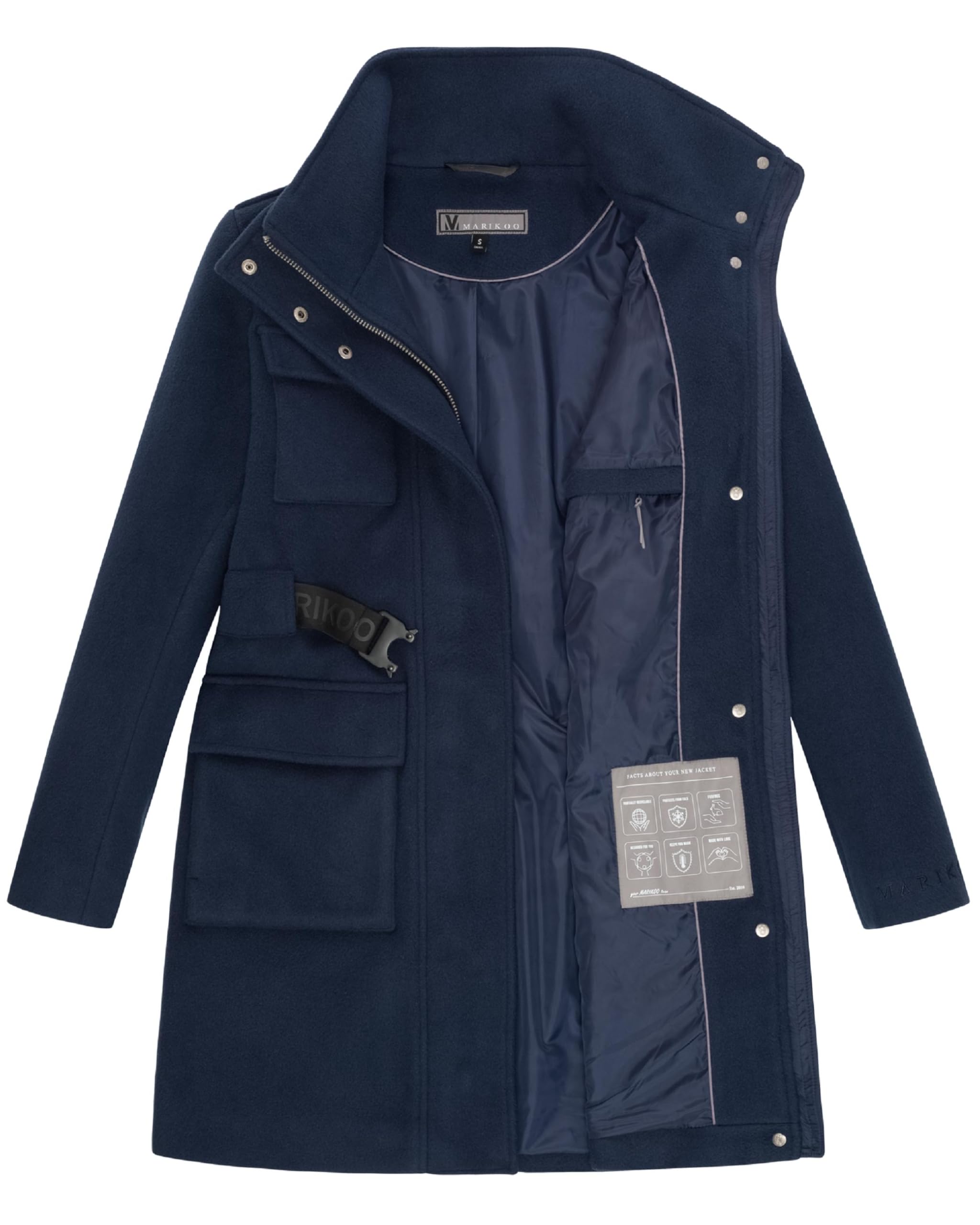 MARIKOO Damen lange Übergangsjacke Kurzmantel in Woll-Optik mit Taillengürtel Tanokoo 16 XS-XXL