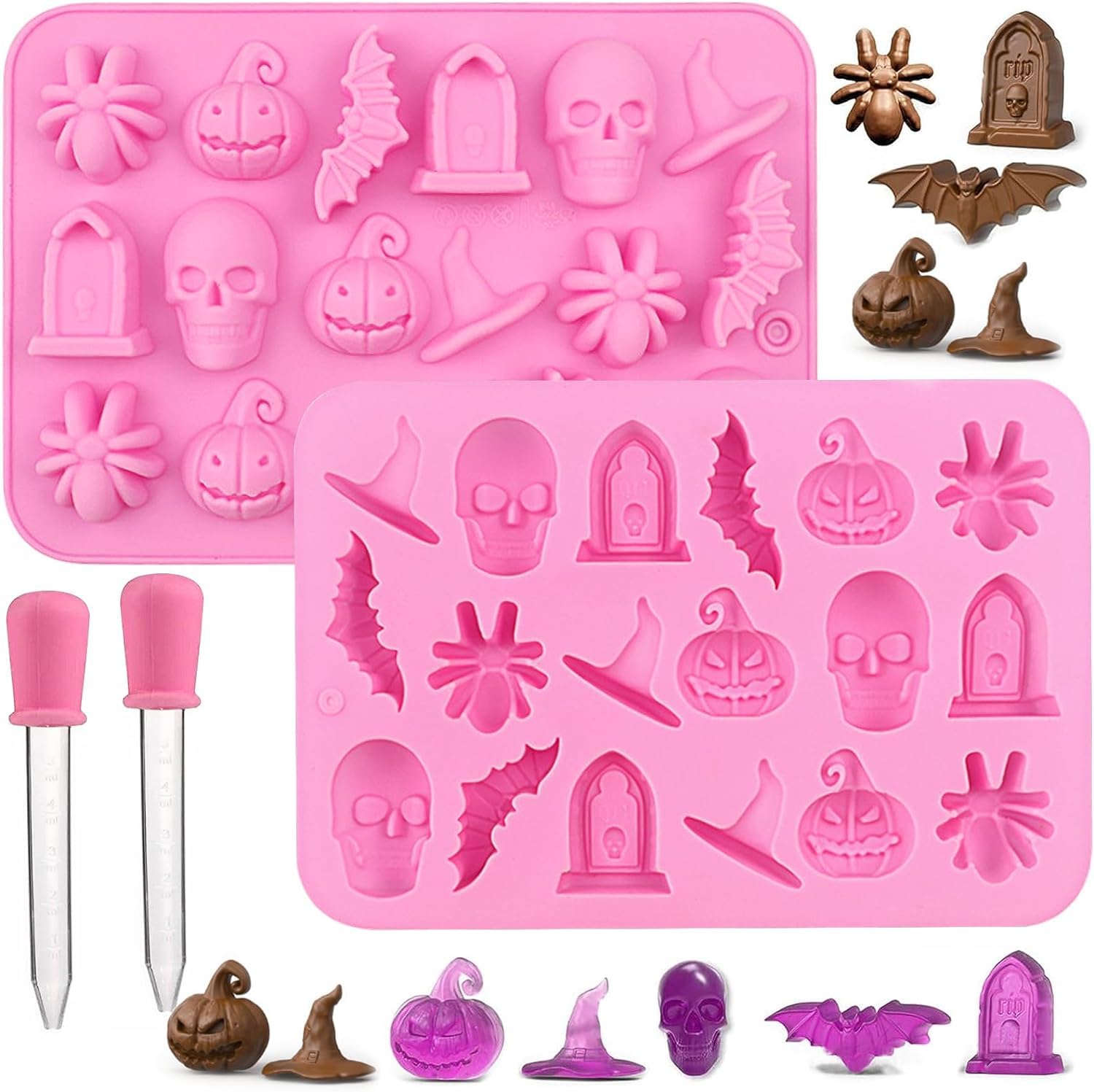 Molde de silicona para Halloween, paquete de 2 moldes de chocolates 3D para Halloween, chocolate, caramelos, calavera, calabaza, murciélago, fantasma, bruja, sombrero, araña, lápida, formas