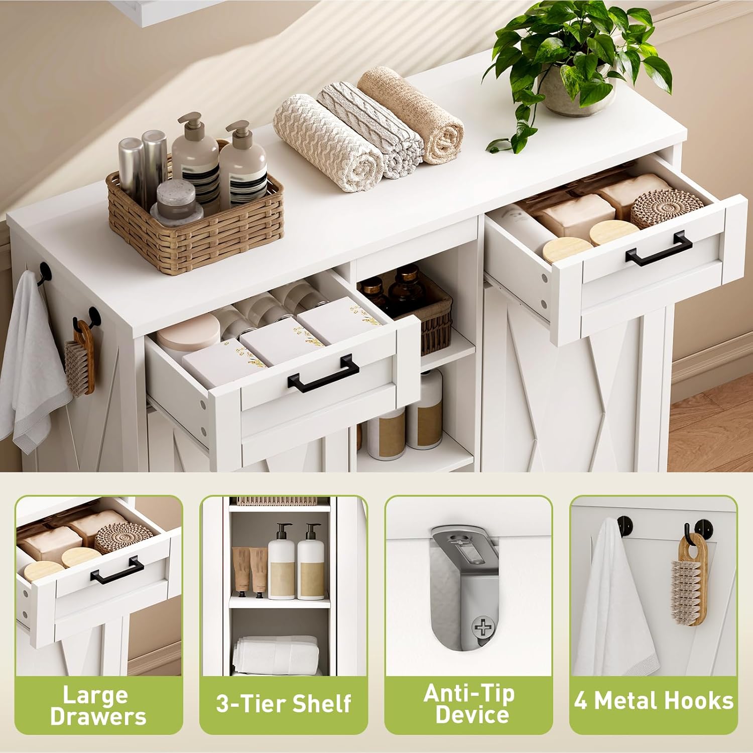 Laundry Hamper Cabinet, Removable Laundry Baskets on Wheels, Wooden Hidden Trash Can Cabinet with 2 Drawers and 3 Open Compartments, for Laundry Room, Living Room, Kitchen, White