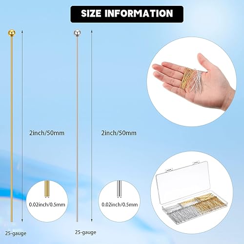 Miniatura 2 de 500 pines de cabeza de latón de 1.969in de 1.969in para cabeza de metal dorados y plateados para hacer joyas, manualidades, aretes, pulseras,
