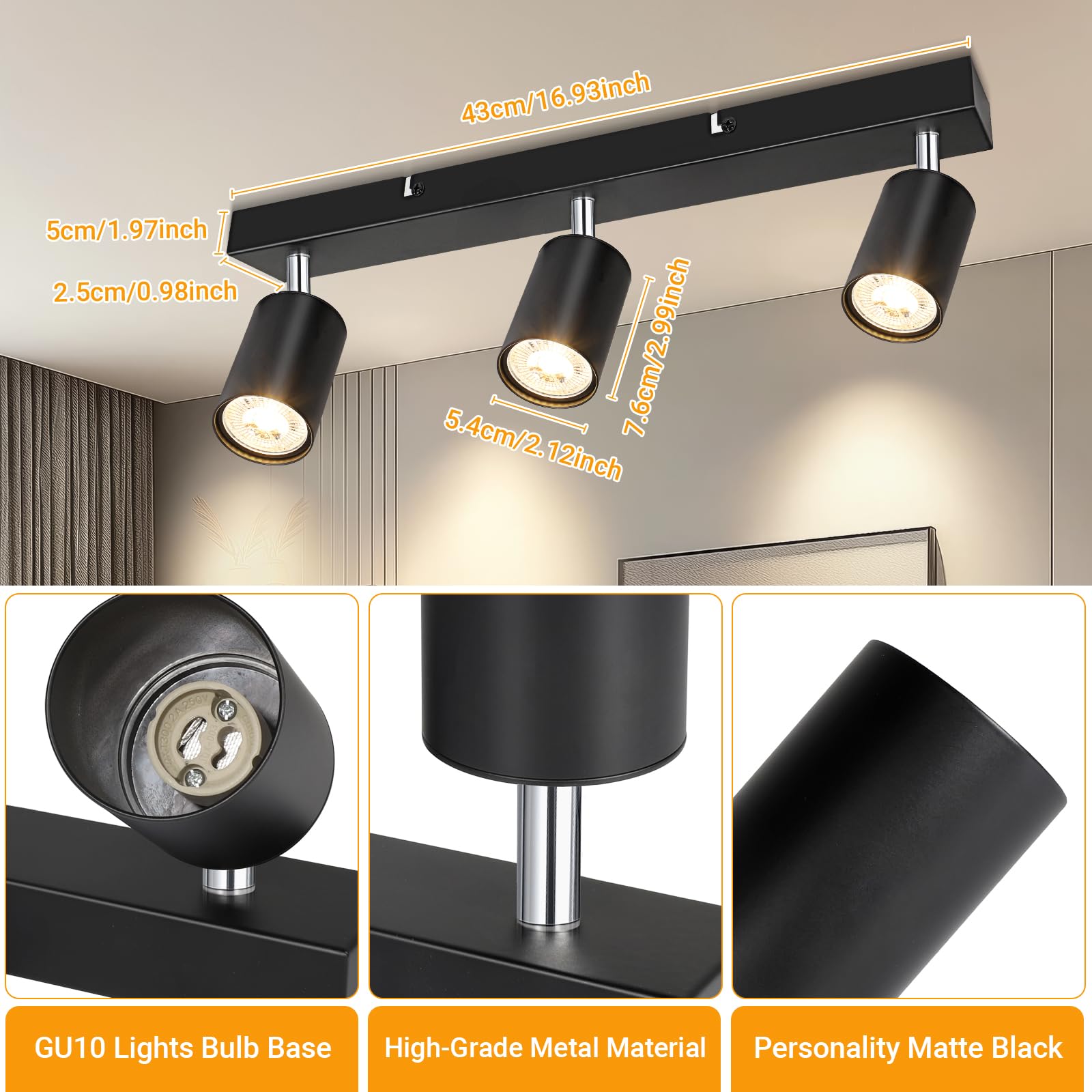 Plafonnier LED 3 Spots Dehobo Noir - Orientable 350°, Douille GU10, Max 50W/Spot | Pour Cuisine, Salon, Chambre