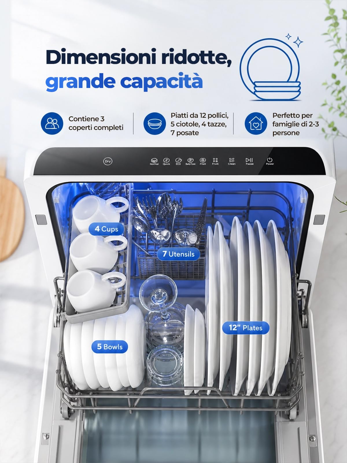 FOHERE Mini Lavastoviglie Con Serbatoio Da 5 Litri, Funzione Timer, Collegamento Dell’Acqua 2 In 1, 6 Programmi, Display LED，Lavastoviglie Da Tavolo E Mini Pulitore Per Ufficio, Monolocale E Camper