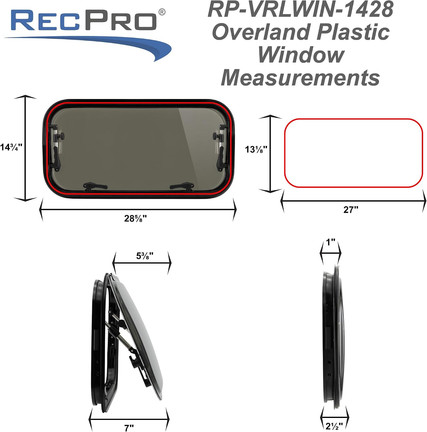 RecPro RV Overland Windows | Plastic Double Pane | 1.5" Trim Ring | Aluminum Frame | Inner Locking Handles (28" W x 14" H)