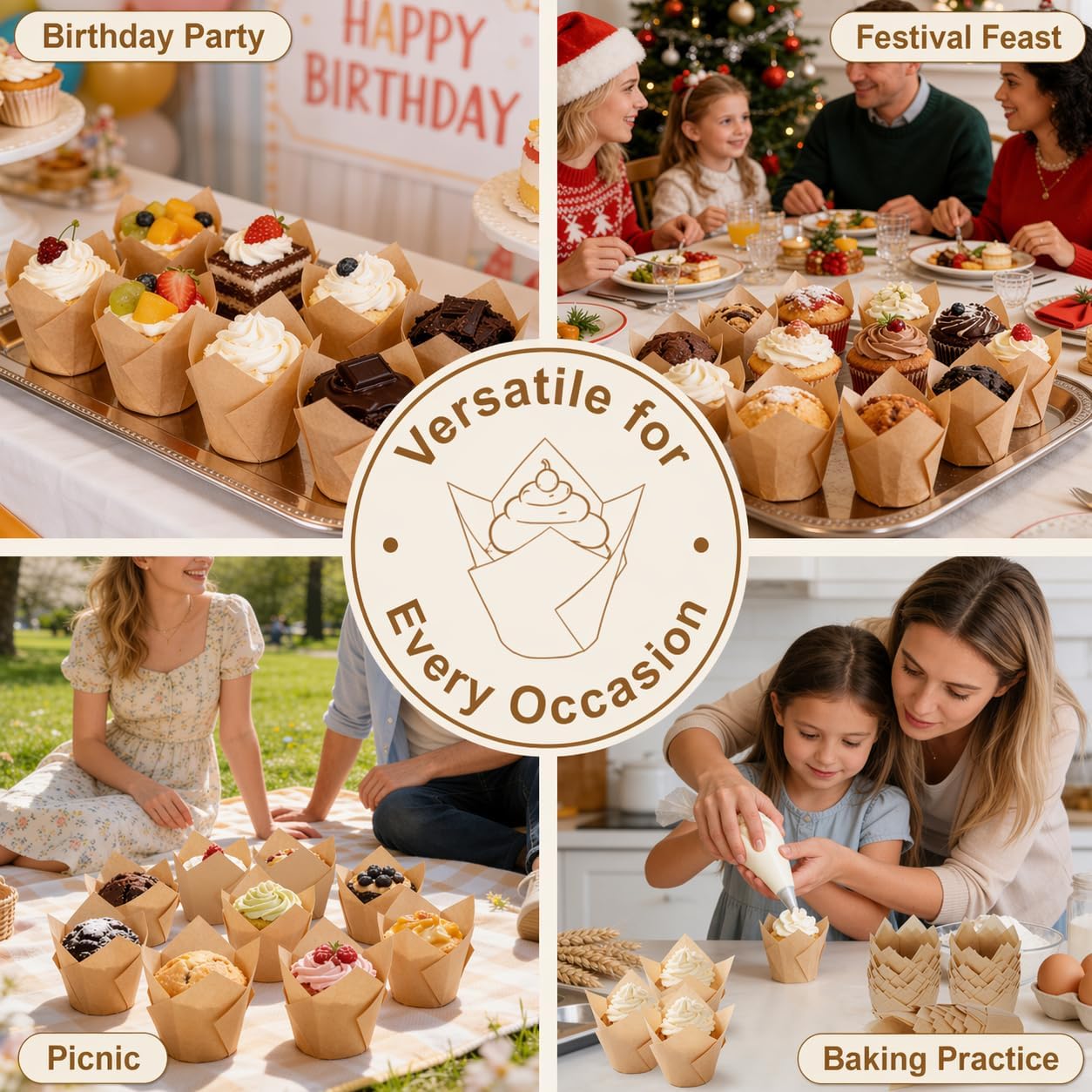 200 Pcs Natural Tulip Cupcake Liners For Baking, Greaseproof Muffin Liners