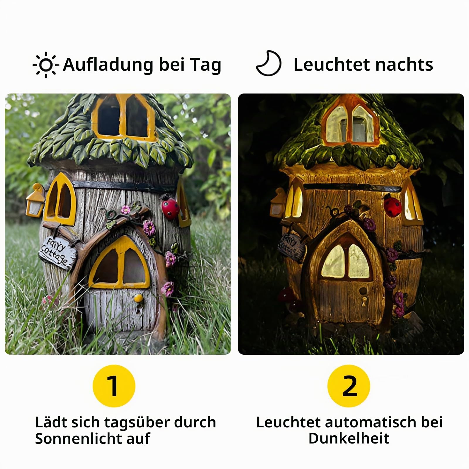 Gartendeko für Draußen, Solar Feenhaus LED Gartenleuchten Pilzhaus, Fairy Tree House aus Harz, Wetterfeste Feenhäuser Deko Außen, Rasen, Hof, Terrasse, Balkon, Fensterbank, Feengarten (Stil 3)
