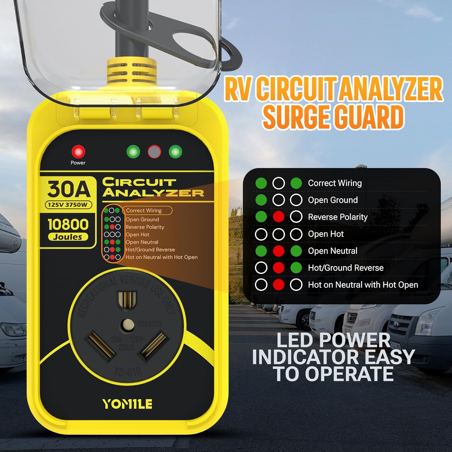 RV Surge Protector, 30 Amp 10800 Joules RV Circuit Analyzer Full Protection, IP67 Waterproof RV Adapter Plug for Camper