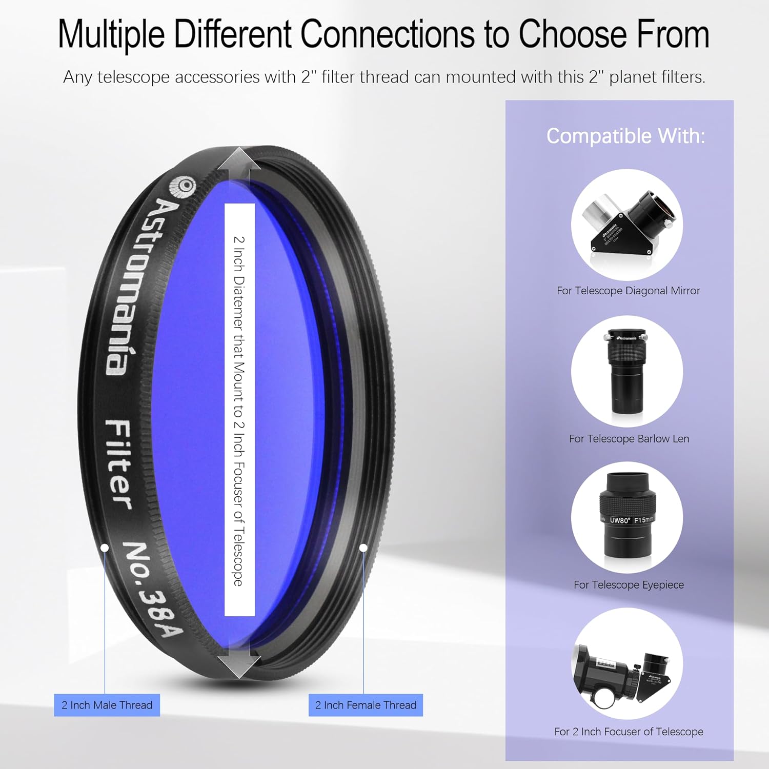 Astromania Telescope Filter, Planetary Filter Metal Frame for Astronomical Telescope Eyepiece, 2 Inch Telescope #38A Dark Blue Color Filter for Enhancing Contrast in Lunar Planetary Observation