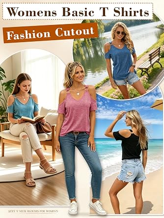 Women's Cold Shoulder Tops V Neck Short Sleeve T-Shirts Fashion Cutout Basic Sexy Summer Tees 2026 Trendy HT3