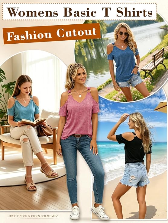 Women's Cold Shoulder Tops V Neck Short Sleeve T-Shirts Fashion Cutout Basic Sexy Summer Tees 2026 Trendy HT3