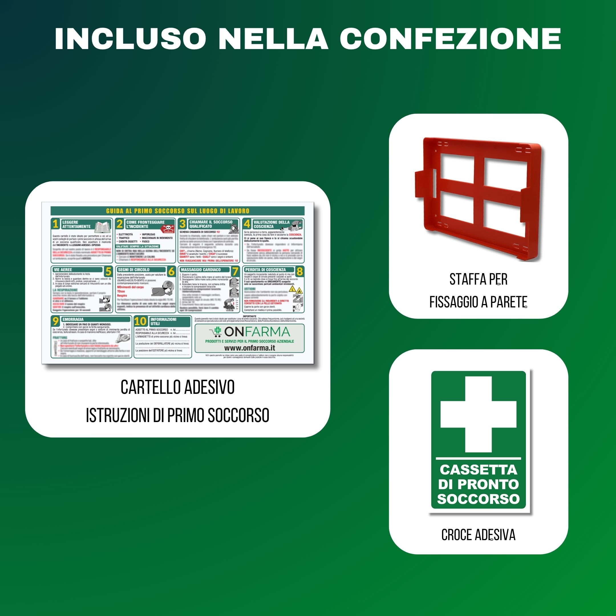 ONFARMA FARMA1 Cassetta pronto soccorso COMPLETA DI CARTELLO PRIMO SOCCORSO conforme DM 388 allegato 2 per aziende fino a 2 lavoratori e mezzi aziendali
