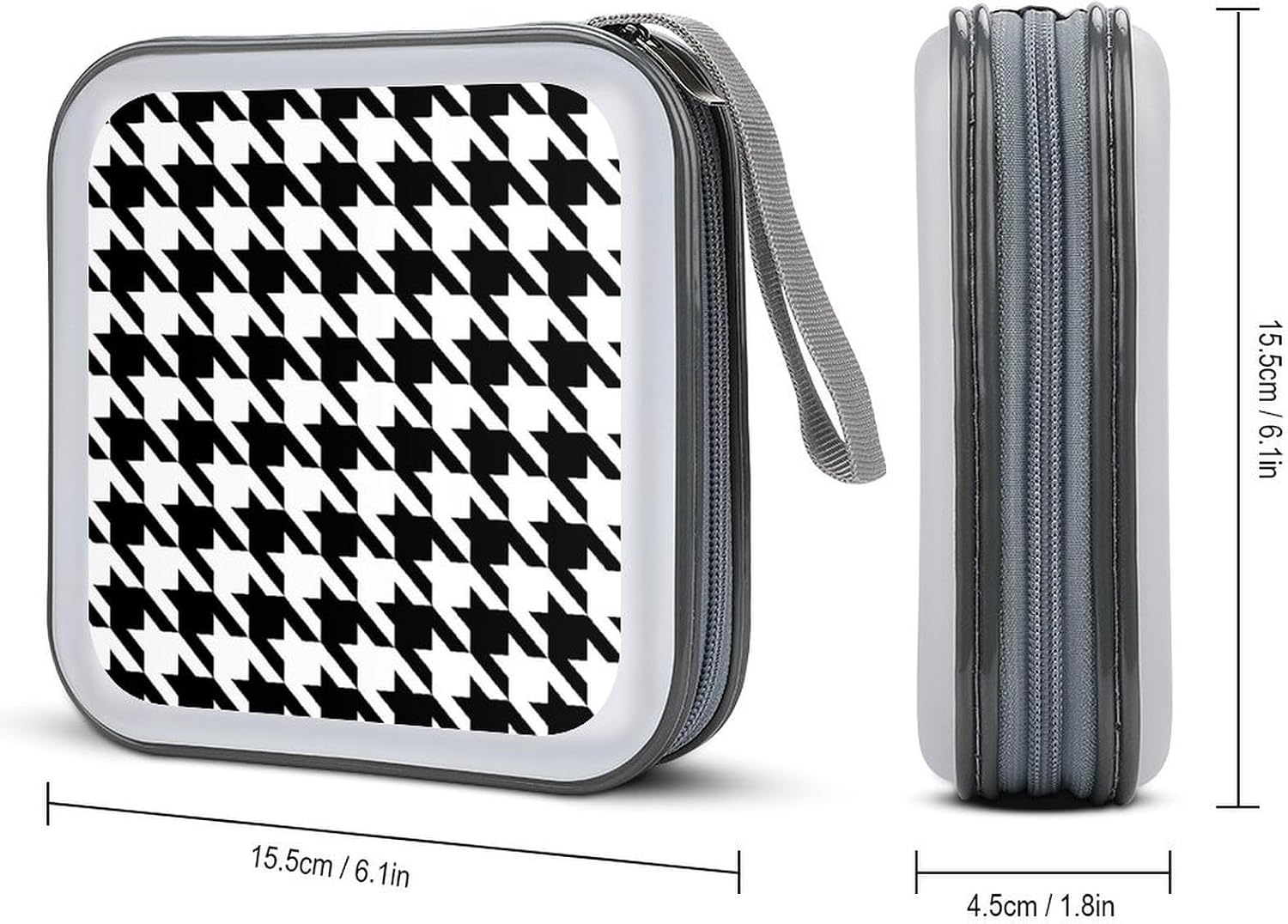 Houndstooth Black CD Case 40 Capacity CD Holder Organizer Portable Zipper DVD Collection Storage Bag Compact Cases Storage Binder Plastic Holder Disc Car Home Travel
