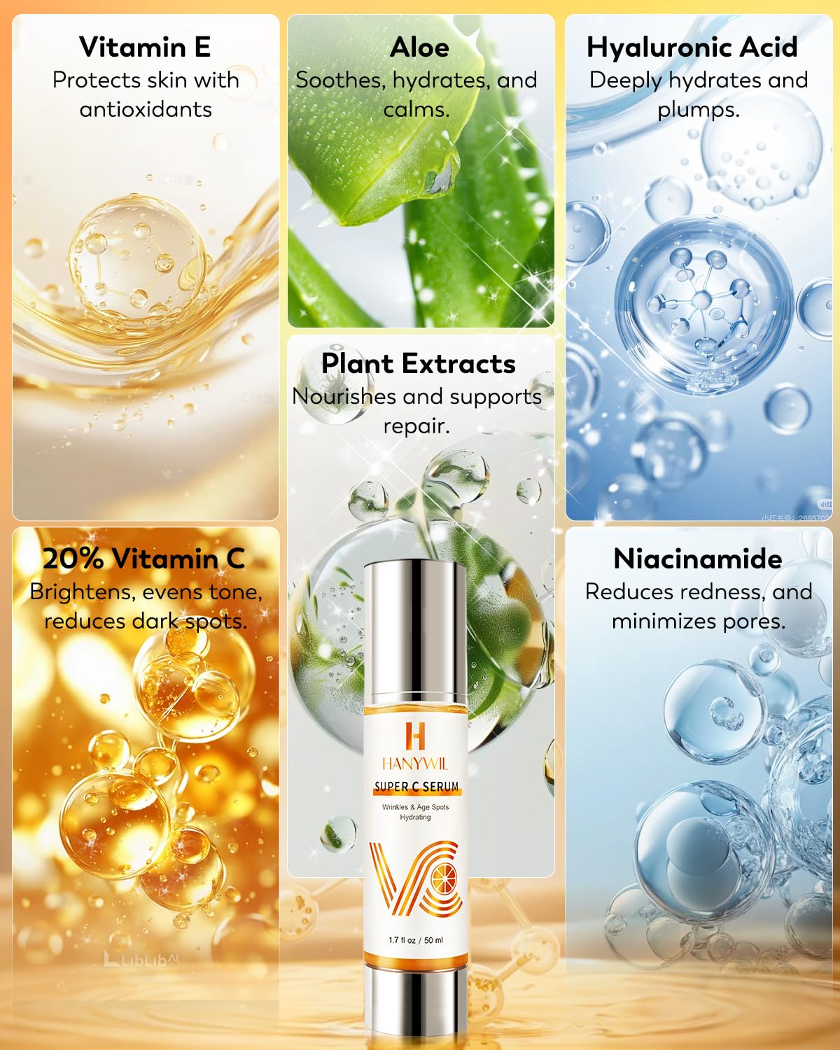 HANYWIL 20% Super Vitamin C Serum for Mature Skin, Targets Age Spot & Wrinkle Reduction with Hyaluronic Acid, Hydrating Anti-Age Serum 1.7fl oz - Image 4