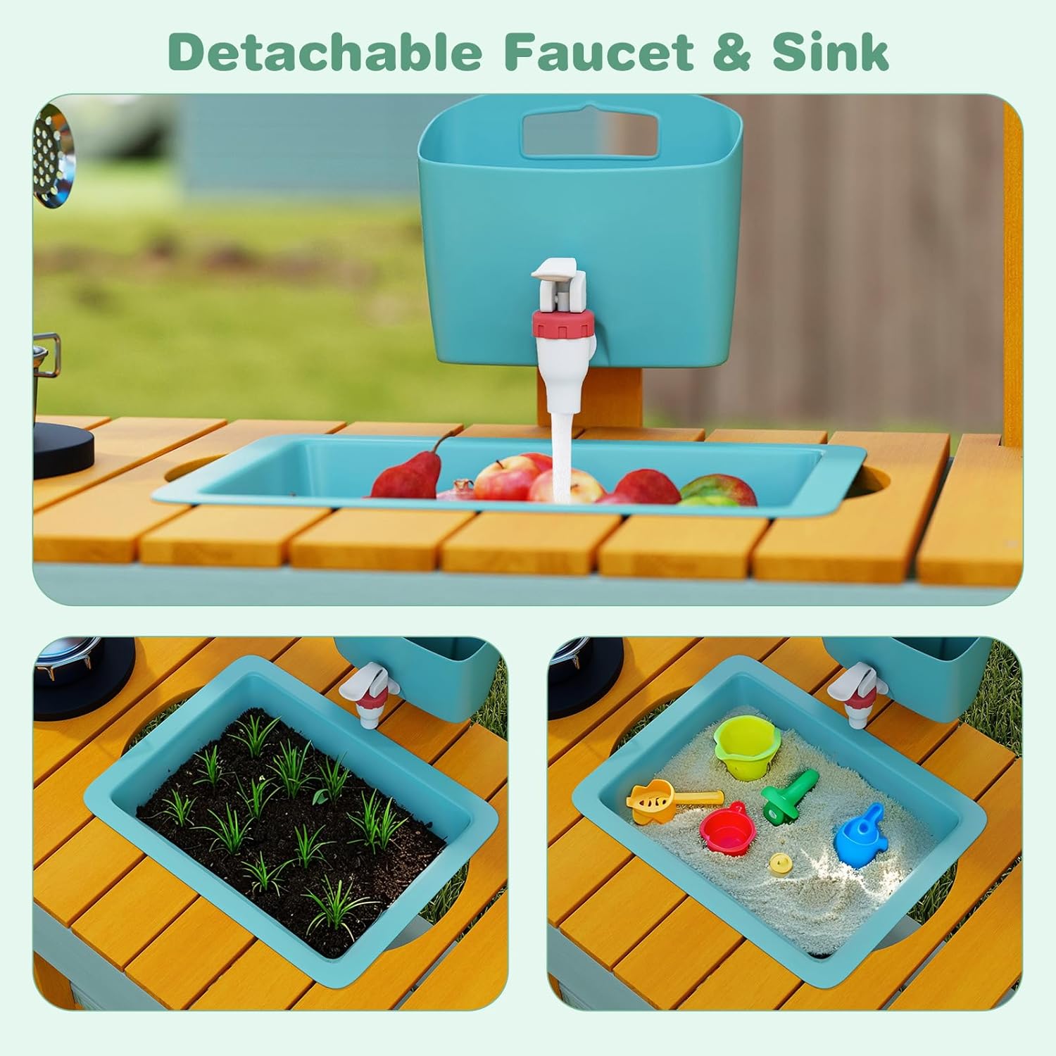 INFANS Mud Kitchen, Kids Outdoor Wooden Kitchen Play Set with Planter Box Storage Case Removable Sink Faucet Stoves Toddler Backyard Garden Pretend Cooking Toys Gift for Boys Girls Ages 3+ (Natural)