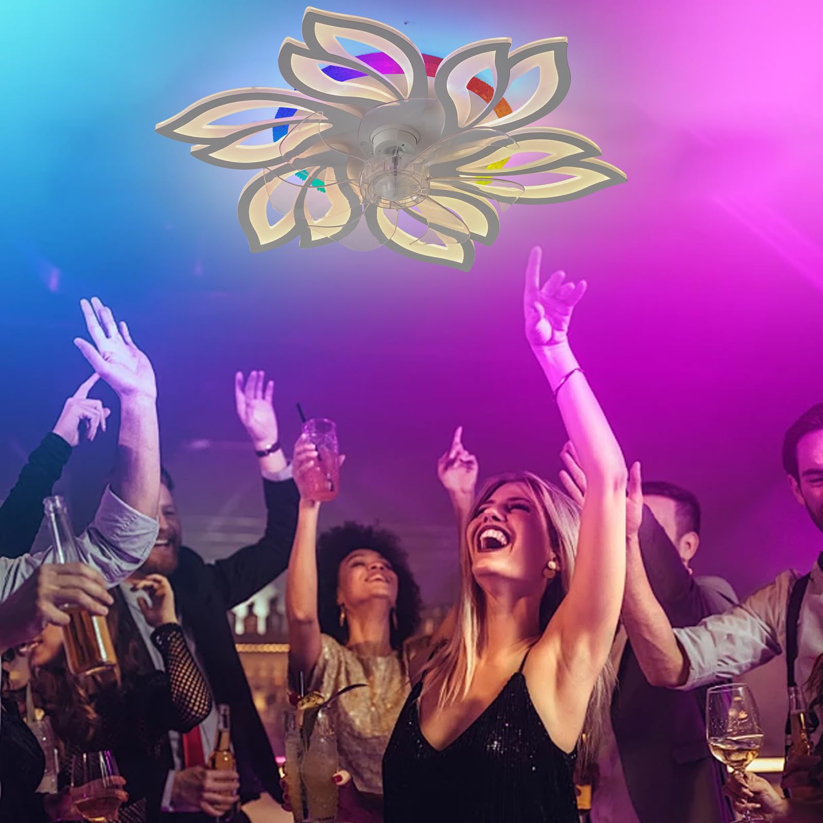 Ventilatore Da Soffitto A Forma Di Fiore RGB Con Luce E Silenzioso, Lampada A Sospensione Motore DC Dimmerabile A LED, Ventilateur De Plafond Con Luce E Telecomando, 6 Velocità