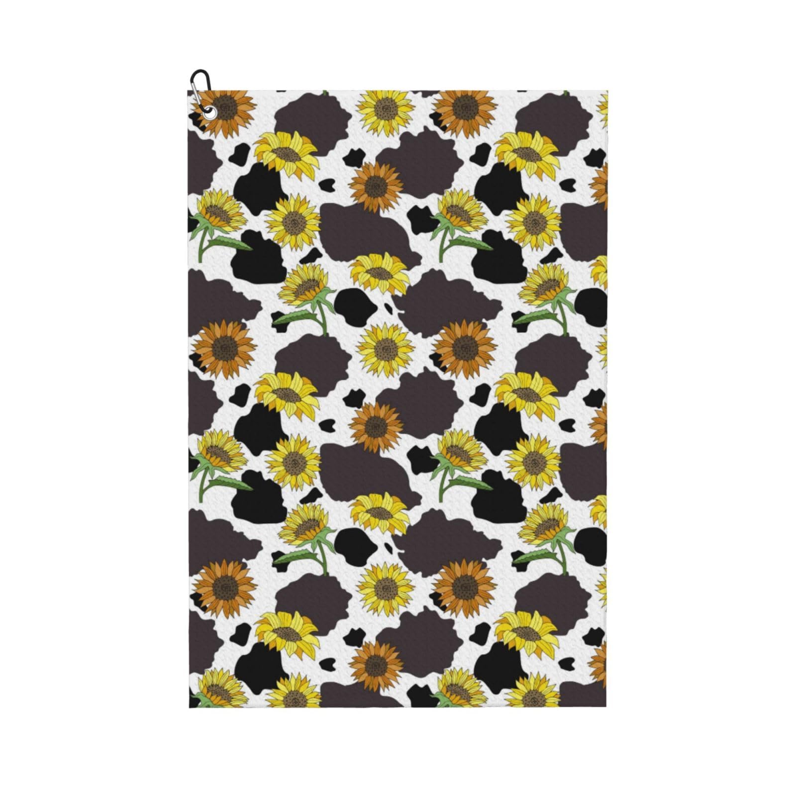 AOOEDM Black Cow Sunflowers Print Golf Towel with Carabiner Clip Absorbent Microfiber Golf Towel for Cleaning Golf Ball Club Putter Iron for Golf Bag Trolly Belt Loop 16" X 24"