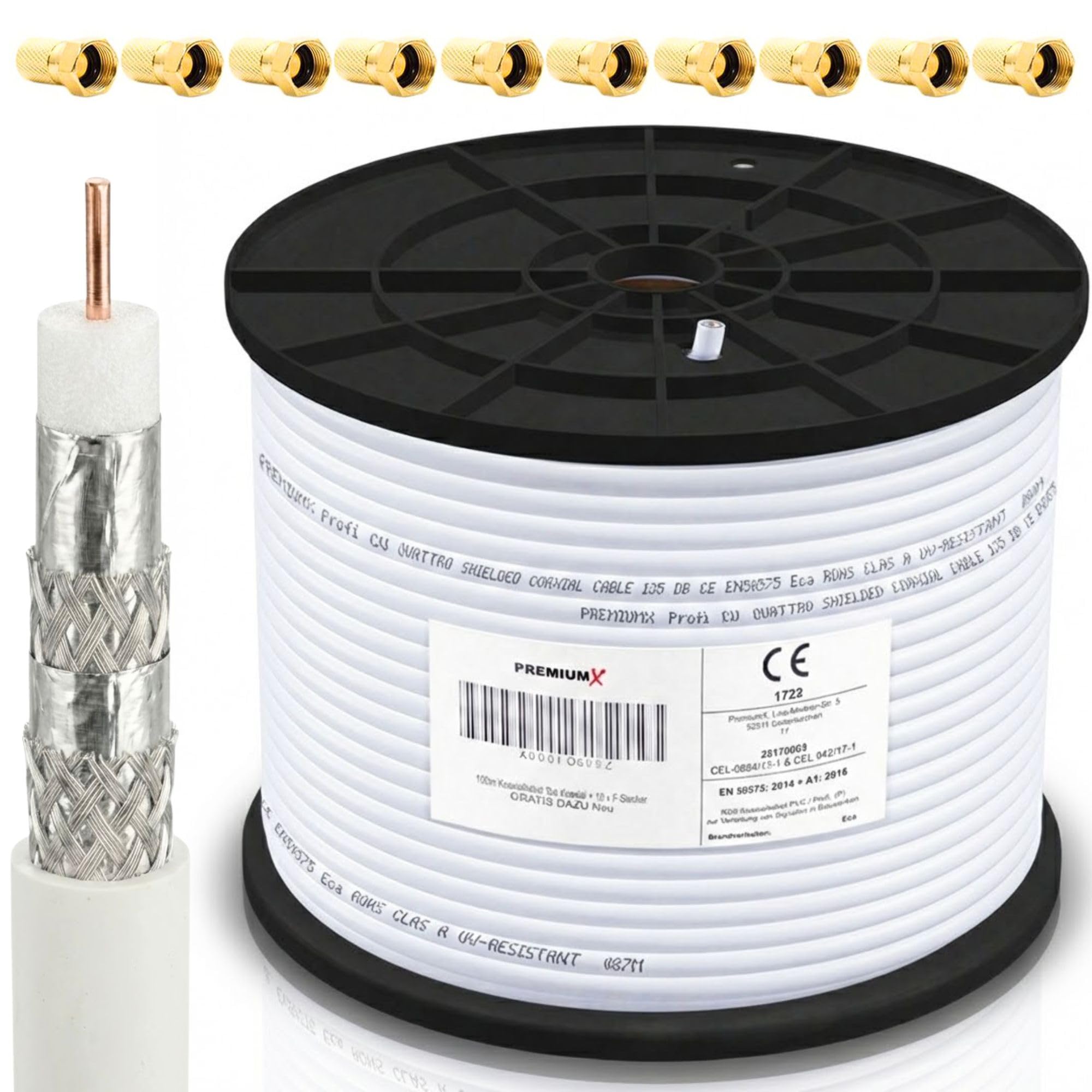 Premium X Profesional Set de Cables Coaxiales 100m – Cable Satelital Blanco | Cobre Puro | Cable de Antena Blindado de 4 vías | Incluye 10 Conectores F-Admite 8K, 4K UHD y 3D para Sat, Cable, DVB-T
