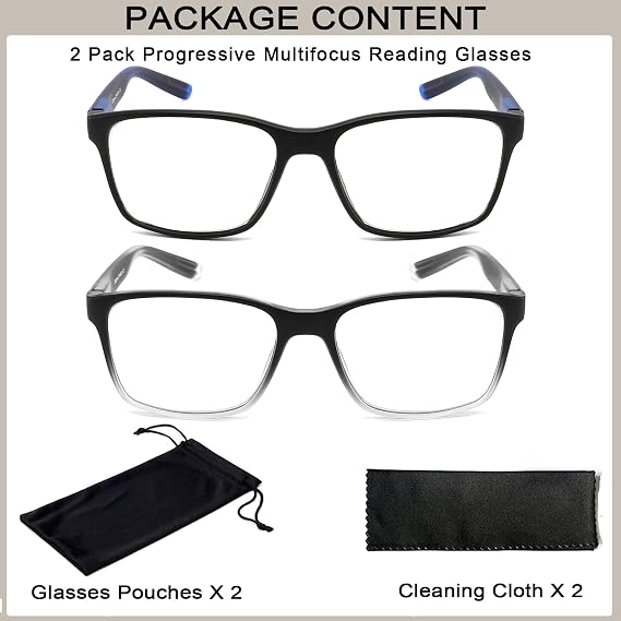2 Pack Progressive Multifocus Reading Glasses for Men,Blue Light Blocking Multifocal Computer Readers