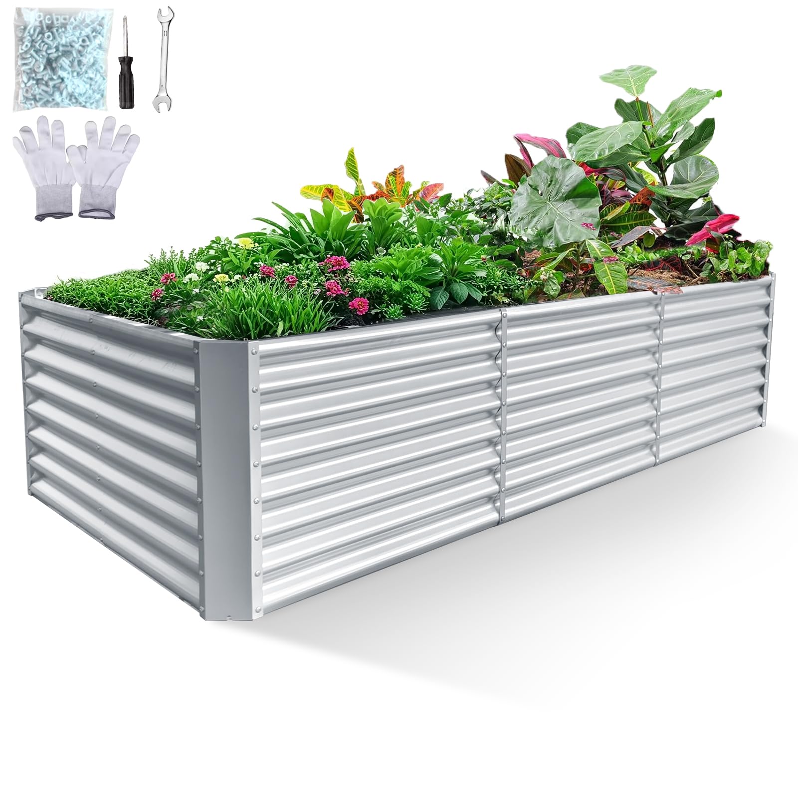 8x4x2ft Galvanized Raised Garden Bed, Planter Raised Garden Boxes Outdoor, Large Metal Raised Beds for Gardening, Garden Bed for Vegetables, Flowers, Herb, Silver