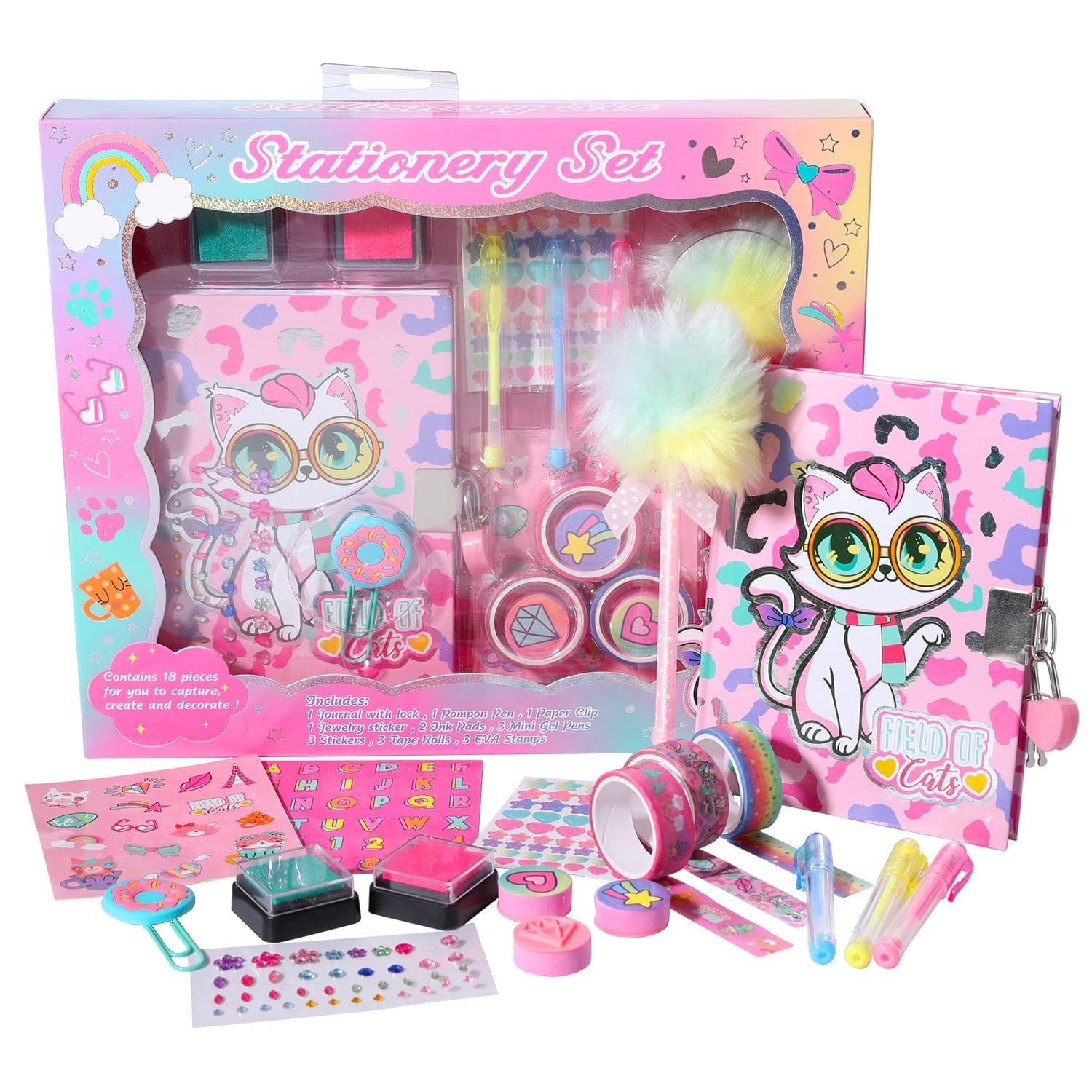 ONOTIC Cat Diary for Girls with Lock and Keys, Unicorn Stationery Set with Diary, Stamps, Stickers, Pens, Mermaid Journal Notebook Birthday Gift for Girls Kids Ages 3 4 5 6 7 8 9 10 11 12 13 14 years