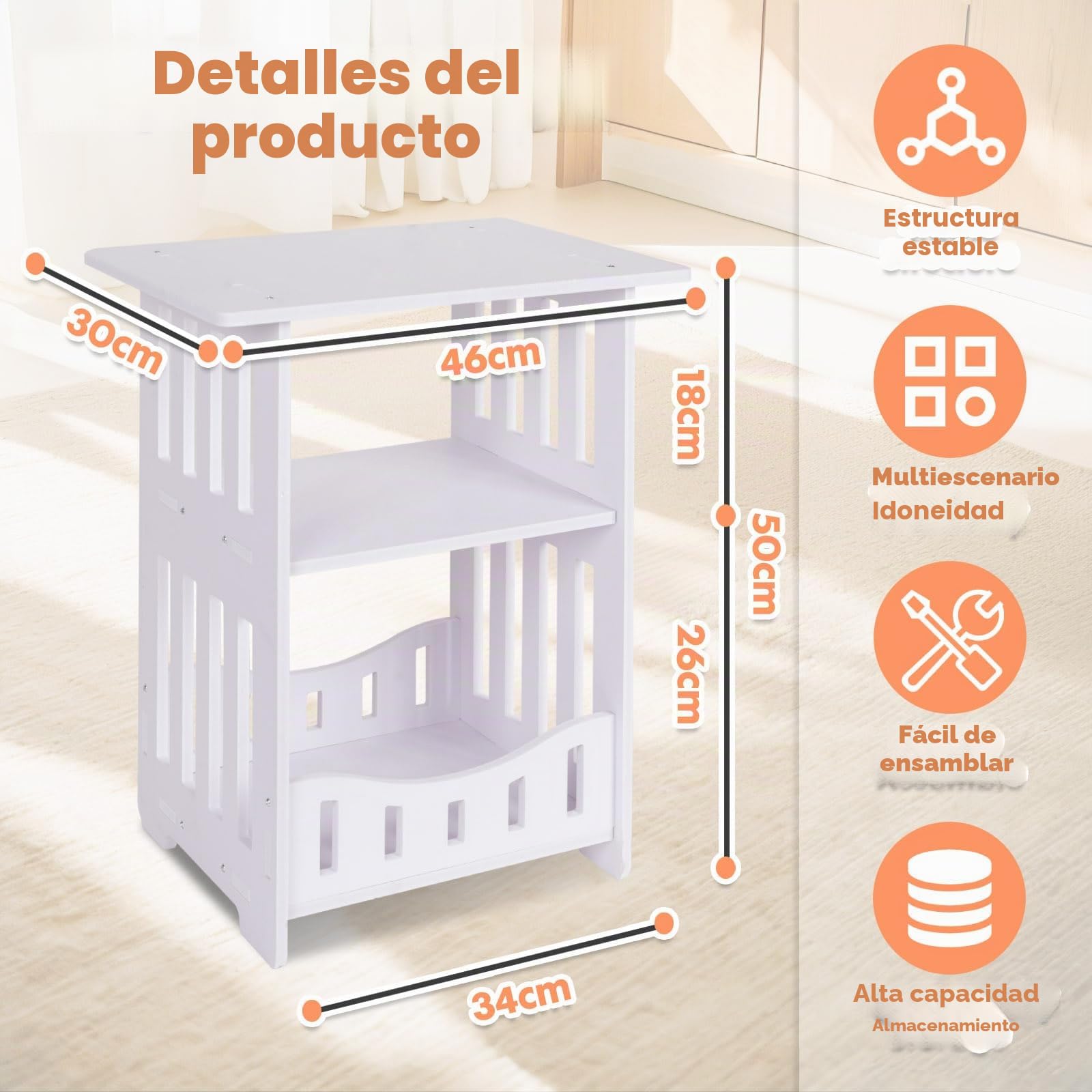 powerking Mesa auxiliar blanca de 3 niveles, mesita de noche pequeña con cesta de almacenamiento, estante de almacenamiento delgado para sala de estar, dormitorio, baño, oficina, balcón, pasillo