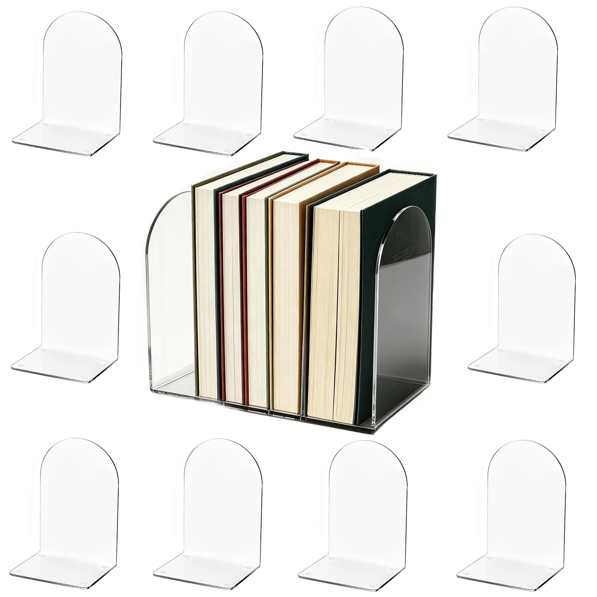 Acrylic Book Ends 12 Pcs, Clear Bookends, Bookend Organizer for Shelves