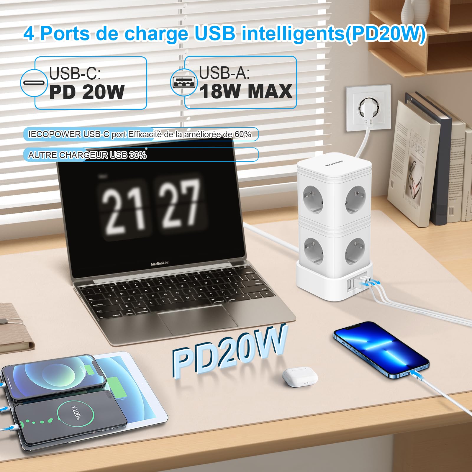 IECOPOWER Tour Multiprise avec Interrupteur,PD20W USB multiprise(2 USB-C Ports et 2 USB-A Ports),Multiprise parafoudre,4000W/16A,1050 J, rallonge Electrique 5m, Blanc