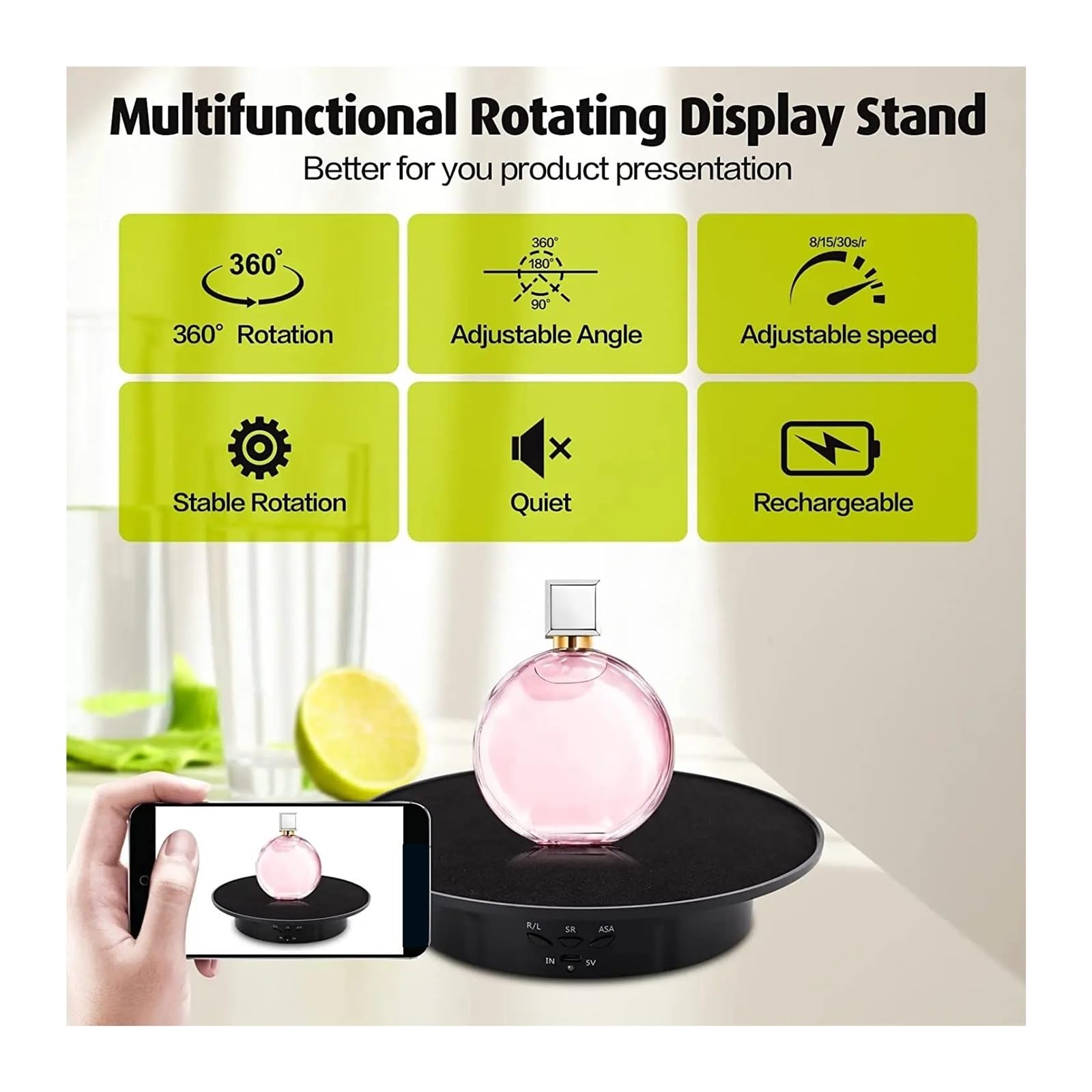 Gramofon, Gramofon, Stojak Obrotowy O 360 Stopni, Fotografia 10KG, Elektryczny, 3-biegowy Rekwizyt Do Nagrywania Wideo, Zdalna Podstawa USB dla biżuterii(White)