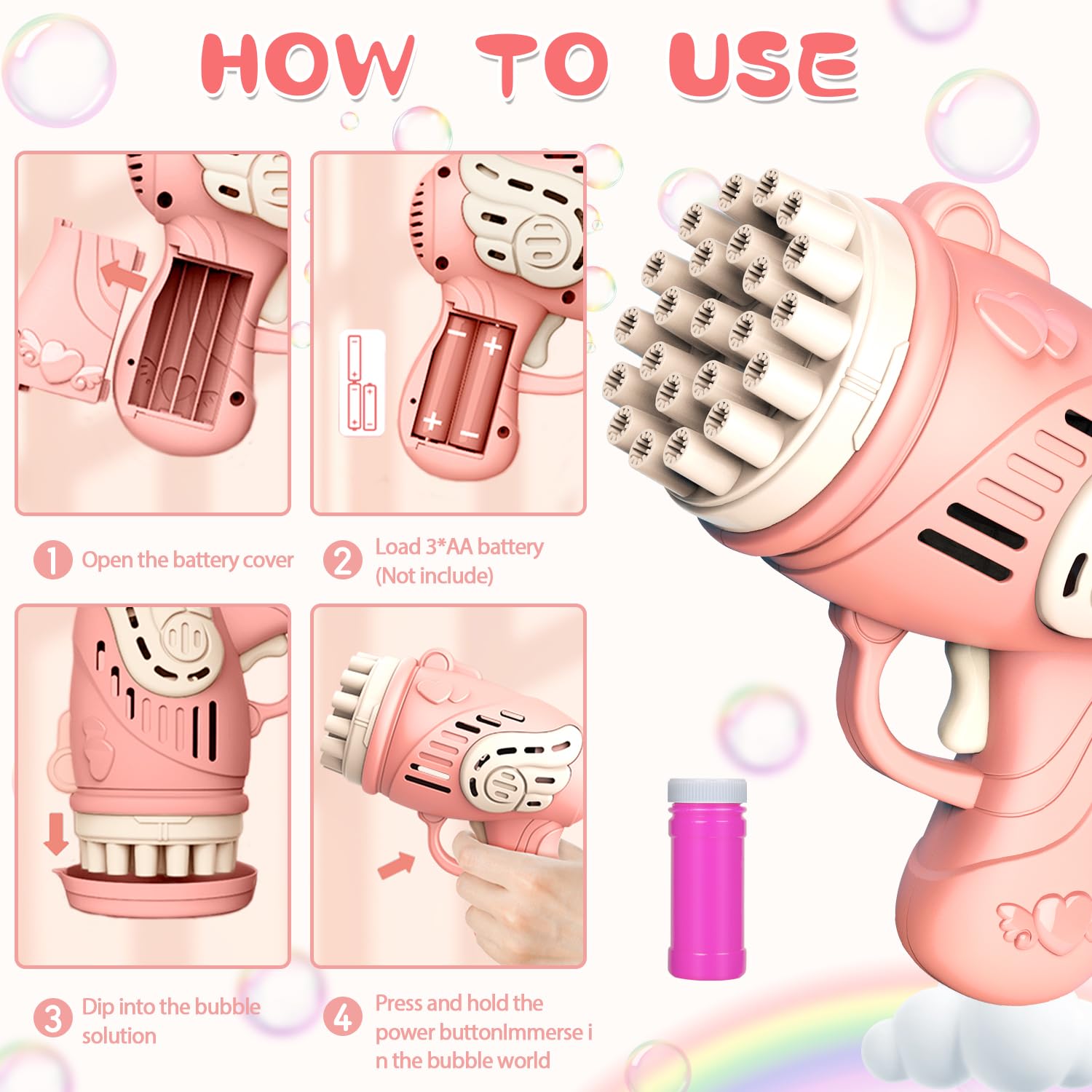 Pistolet do baniek mydlanych dla dzieci, 23 otwory, automatyczna maszyna do baniek mydlanych, pistolet do baniek mydlanych 2 w 1, prezent dla dzieci, na urodziny, wesele, imprezę