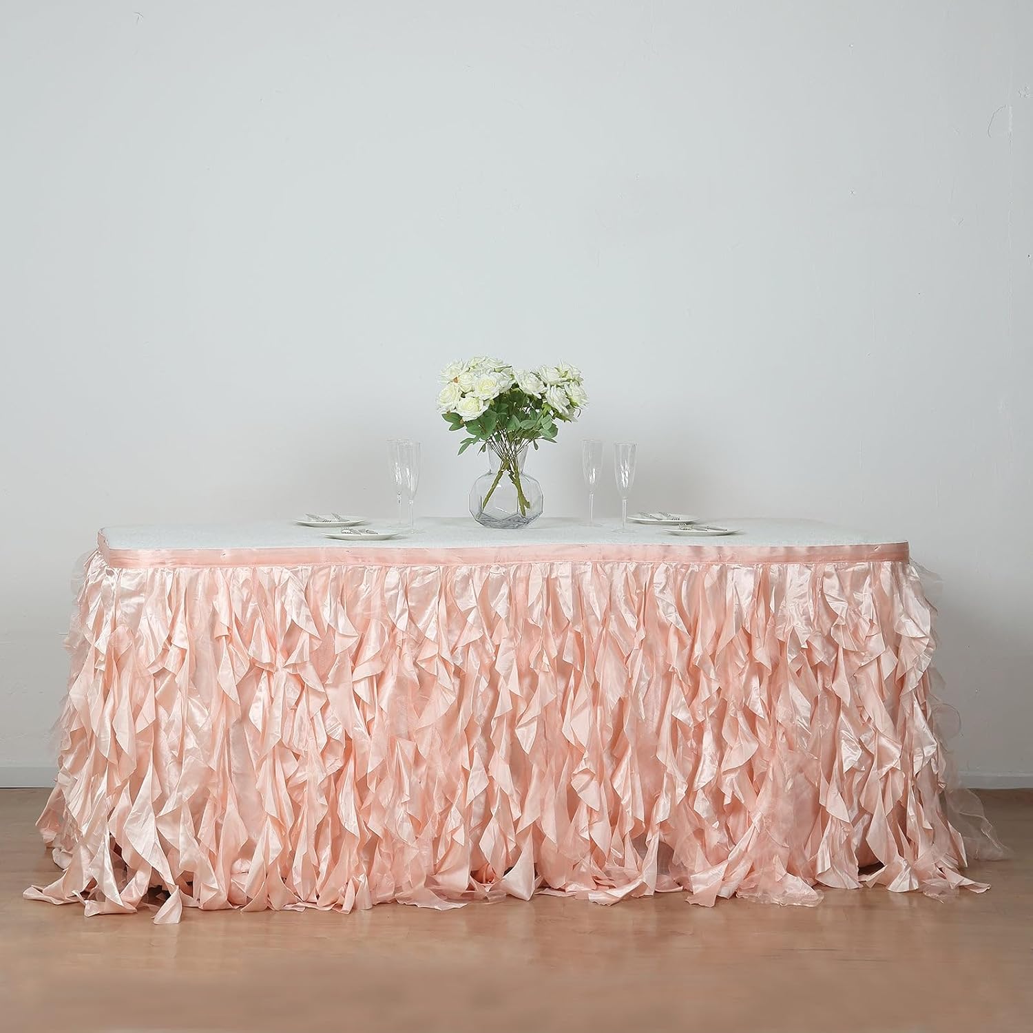 Efavormart 14ft Enchanting Curly Willow Taffeta Table Skirt for Kitchen Dining Catering Wedding Birthday Party Events - Blush