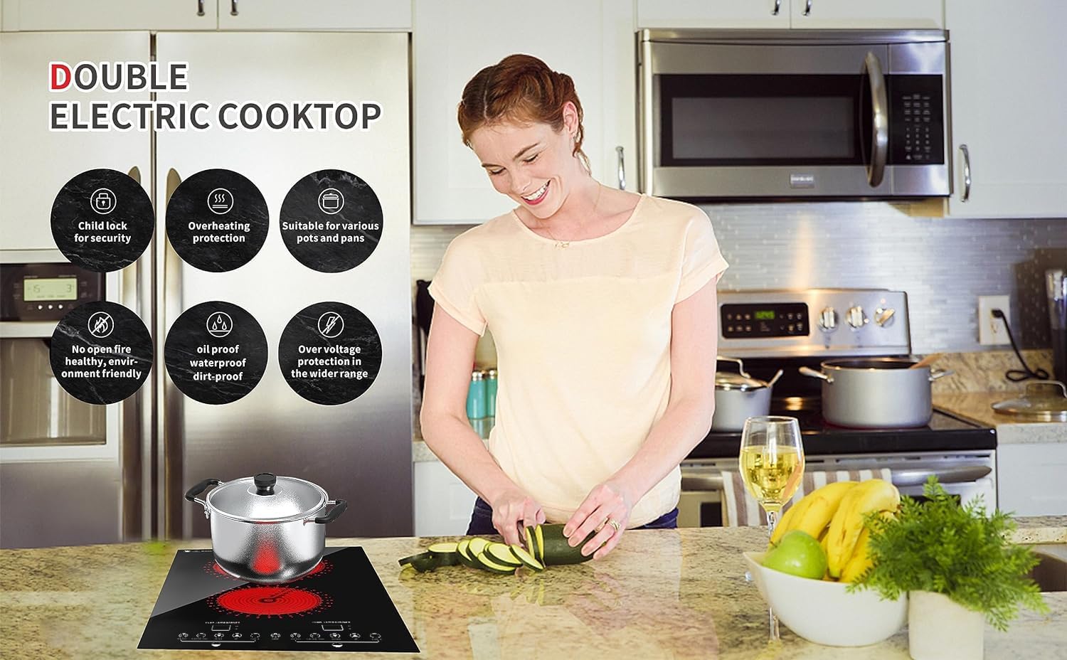 Electric Cooktop, 2 Burner Electric Stove with LED Touch Screen, 9 Heating Levels, Timer, Child Lock, Air Insulation, Silent Heating, 110V 12 Inch Built-in Hot Plate