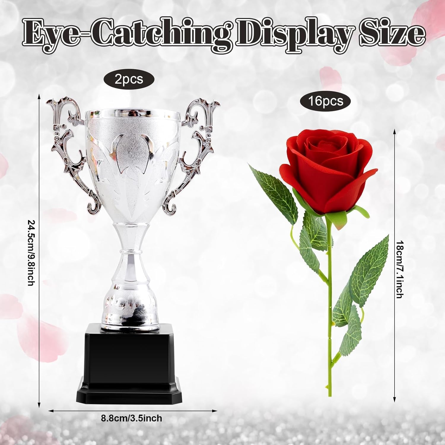 18 Pcs Derby Decorations Set Include 2 Trophy and 16 Rose, Derby Day Table Centerpiece Derby Horse Racing Party Supplies for Racing Festival Equestrian Events Horse Theme Birthday (Silver)