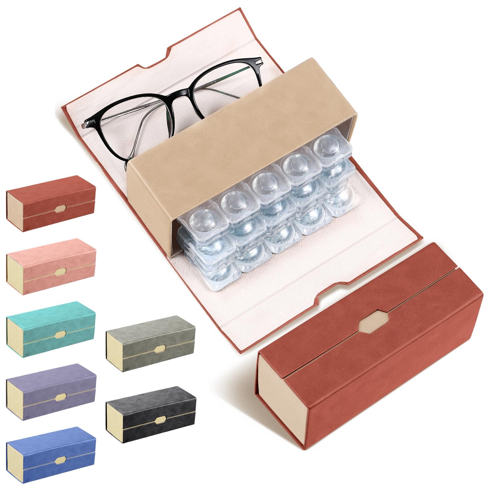 Flutesan Daily Contact Lens Case and glasses Organizer 2 in 1 Double Sided Portable Contact Lens Travel Case for Travel Outdoor Daily Use, Storage up to 30 Lense(Brown)