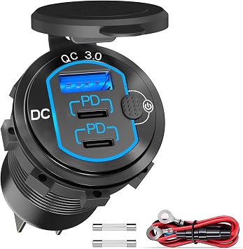 Qidoe 12V Dual USB Charger Socket 60W PD & 18W QC3.0 78W | With Switch, Waterproof, Aluminum, For iPhone, Marine Motorcycle Truck