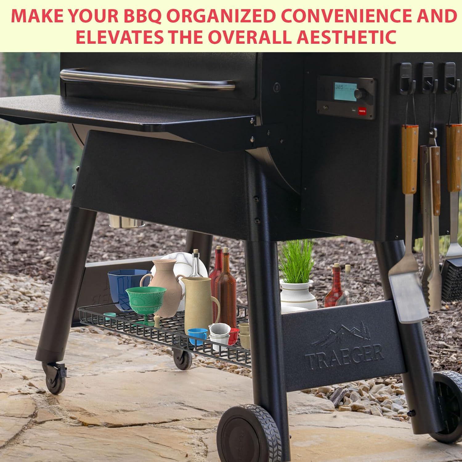 Pellet Grill Storage Shelf for Traeger Pro Series 780 Grill Accessories, Black Powder Coated Steel Pellet Grills Bottom Shelf for Traeger Ironwood 885 and Other Wood Pellet Grill Storage Container